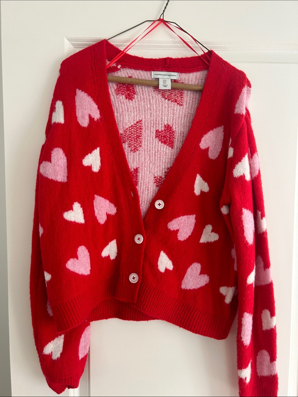 cupcakes & cashmere Red Cardigan with Pink Heart Print